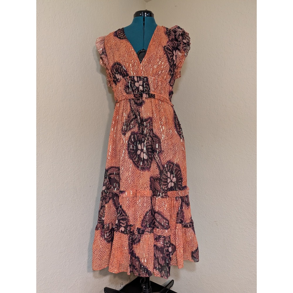 Ulla Johnson Akira Midi Dress Coral Metallic Printed Chiffon Size 8